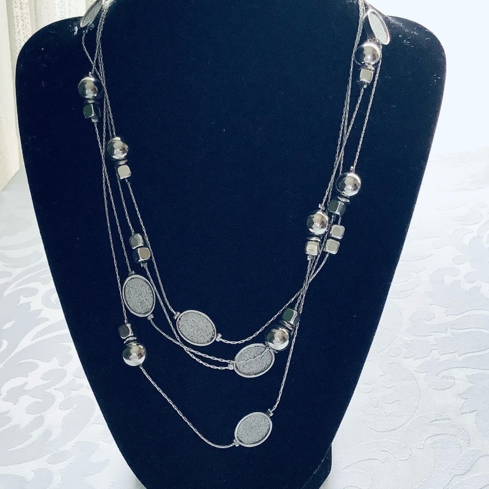 Illusion Double layered Silver 38” sparkling silver druzy Necklace - Picture 2 of 7